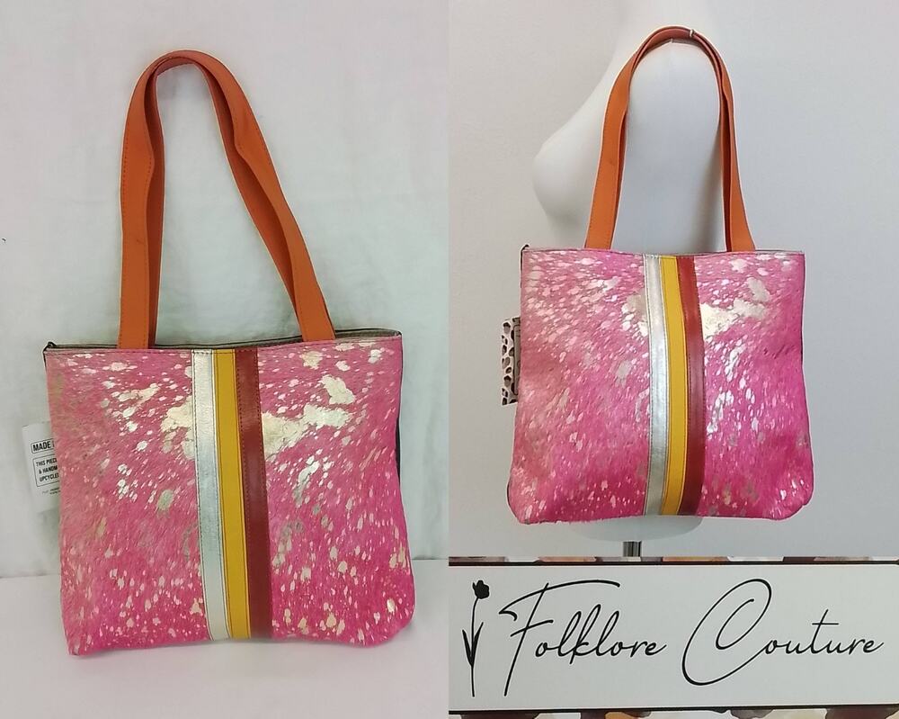 Folklore Couture Perry Hair on Hide Tote Bag Pink/Orange Cowhide NWT #J4305